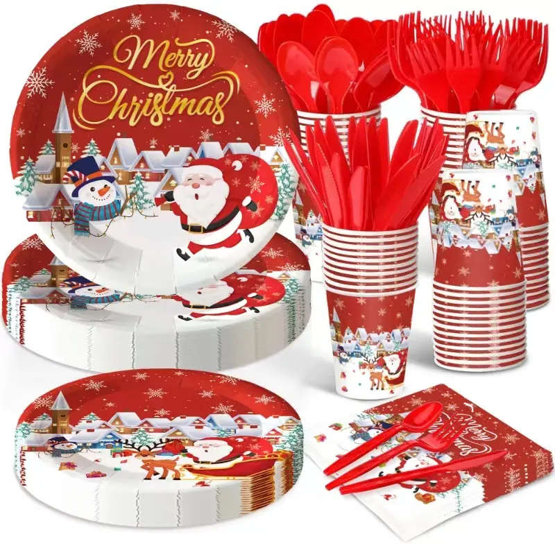 168Pcs, Christmas Party Supplies Tableware Set: 24 Merry Christmas Paper Plates, 24 Napkins, 24 Cups, 24 Forks, 24 Knives, 24 Spoons - Cartoon Santa Claus & Snow Design, Serves 24 Guests