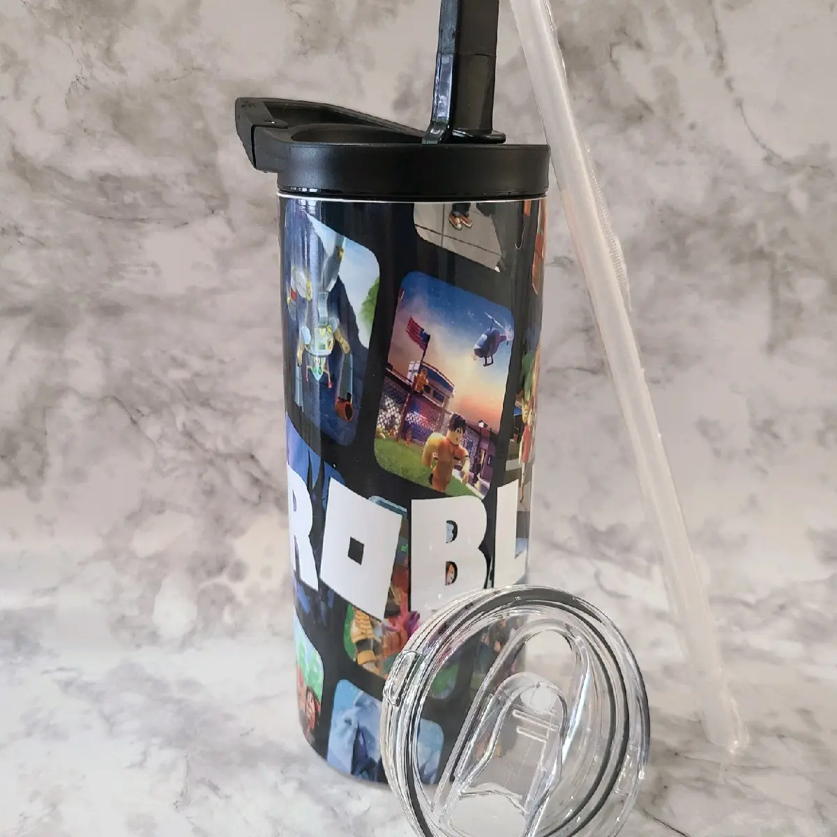 Roblox kids water bottle insulated with flip top with hanger and slide lid, tumbler for school, roblox,video game,20oz bottle, two lids Drinkware Bottled Portable