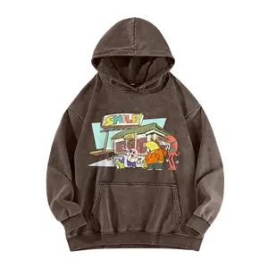 Smiling Friends washed cotton sweatshirt, Smiling Friends American-style hooded sweatshirt, cartoon double-sided print vintage washed cotton fabric men's top, Made in the USA.