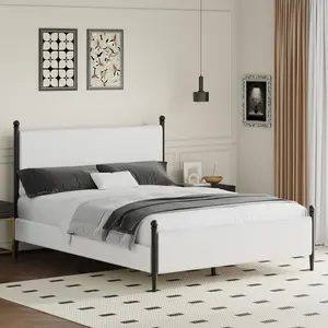 [Memorialday] HOMBCK Bed Frame with Headboard, Upholstered Metal Platform Bed with Corduroy Velvet and Wooden Slats, Sturdy Noise-Free Design, Easy Assembly, No Box Spring Needed, White