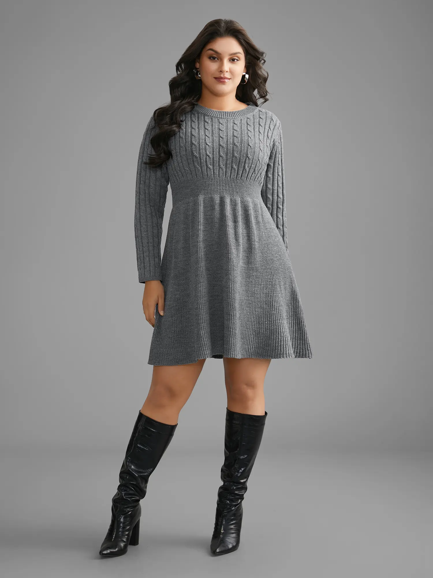 BLOOMCHIC Women's Basic Long-Sleeves Round Neck Cable Knit Fit-and-Flare Midi Sweater Dress - 1-Piece, Acrylic Fabric, Casual Boho Elegant Tunic Style