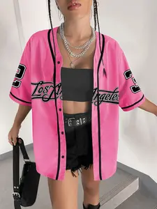 Women's Number Print Baseball Jersey, Casual Fashion Loose Letter Print Short Sleeve Button Design Blouse for Daily Wear, Ladies Clothes for All Seasons, Jersey Shirt, Jersey Top