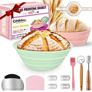 12 Pcs Silicone Banneton Bread Proofing Basket Set (Oval & Round) With All Accessories , 2 Foldable Sourdough Proofing Baskets (9" Round & 10" Oval) , Full Set for Bread Making With Essential Tools, Green & Pink