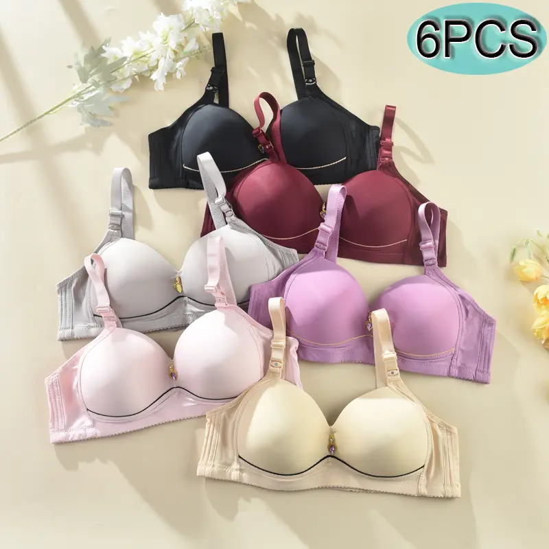Women's 6-Pcs Wireless Push-Up Bras - Comfortable, Breathable, Seamless, Solid Color Minimalist Underwear with Fit for Adults (Ideal for Anniversary, Thanksgiving Day)