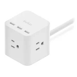 Belkin 3 Outlet Power Cube Adapter with 5-foot cord and 3 USB-A ports, charge 6 devices at once, compact & portable, longer cable, safe charge, high quality, durable, cute, UL certified, white.