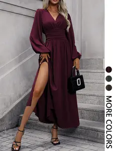 Women's V-Neck Slim-Fitting Long Dress, High-Quality Waist-Cinching Design, Elegant Style for Women, Perfect for Various Occasions