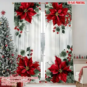 Pack of 2, Red Christmas Flower Curtains - Translucent, Poinsettia Flowers with Green Leaves, Suitable for Living Room Bedroom Kitchen Office Home Decor - Christmas Decorations, Christmas Gifts First Choice, Window Decorations Supplies