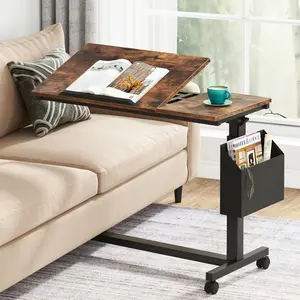 LITTLE TREE Height Adjustable C Shaped End Table with Wheels and Side Pocket, Mobile Sofa Snack Table with Tiltable Drawing Board, Laptop Side Tray Table for Couch Bed reclining desk