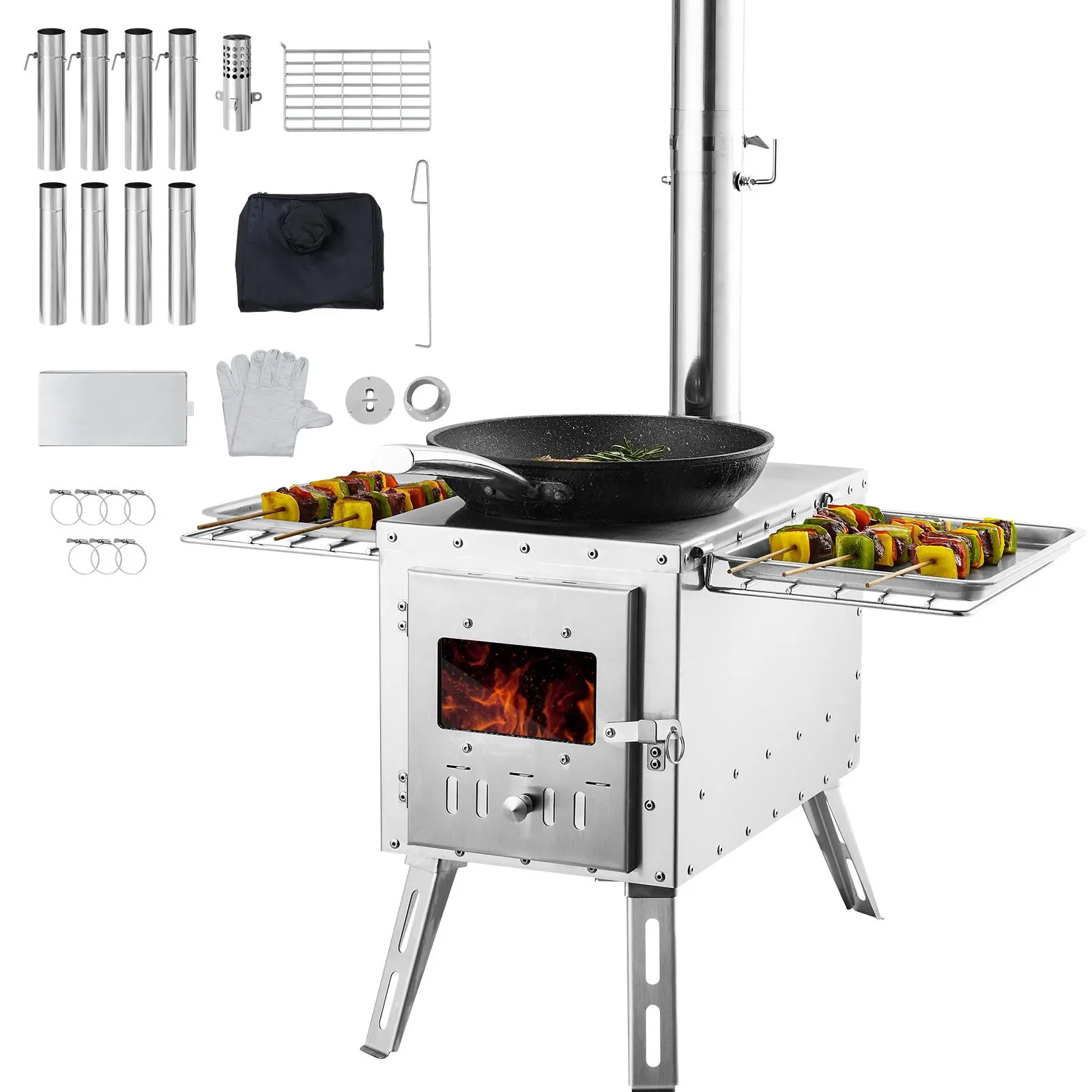 【Summerfinds】VEVOR Wood Stove 86 inchStainless Steel Camping Tent StovePortable Wood Burning Stove with Chimney Pipes & Gloves3000in³Firebox Hot Tent Stove for Outdoor Cooking and Heating with 8 Pipes