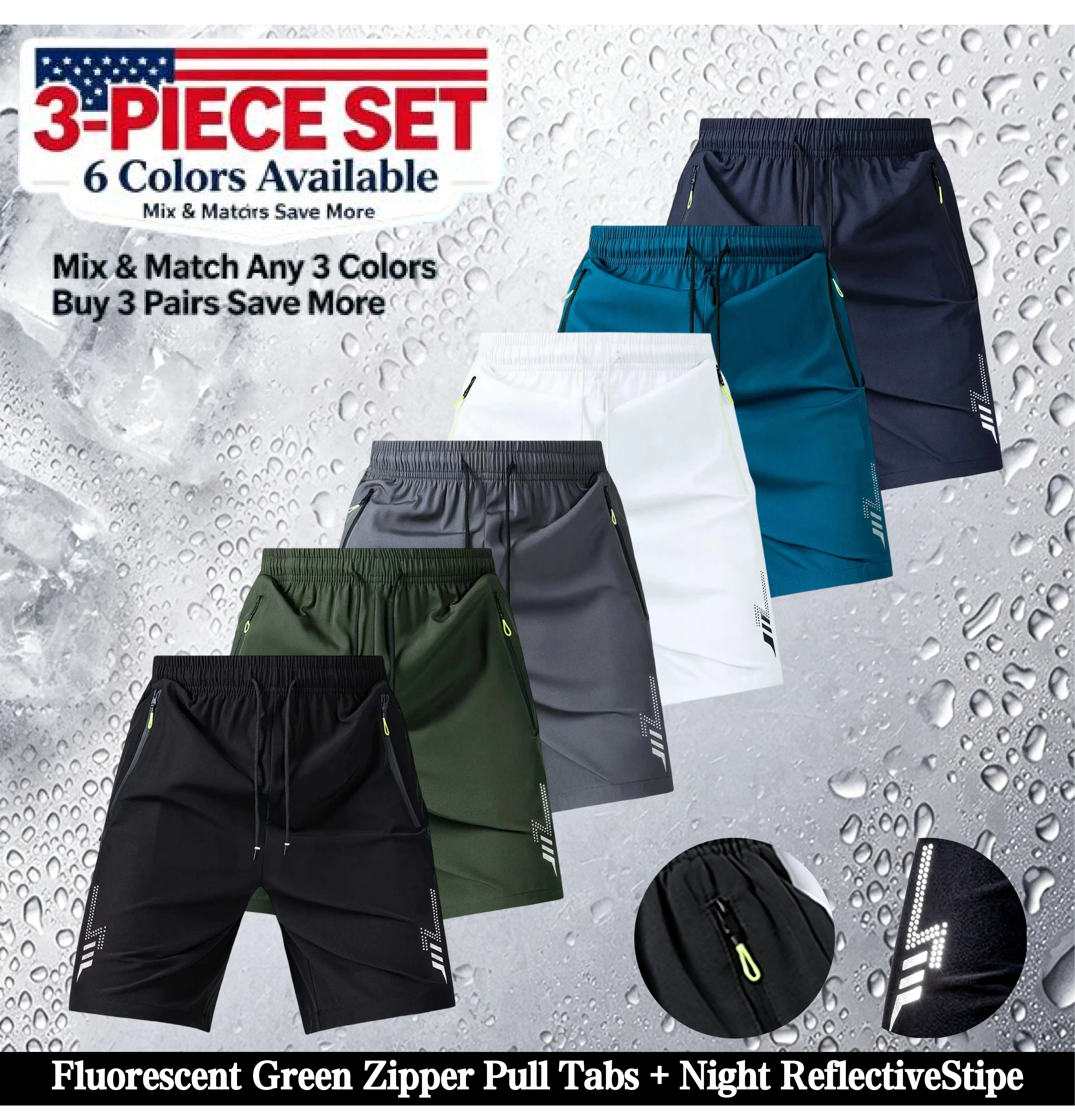 3-Pack Reflective Quick-Dry Men’s Sports Shorts with Zipper Pockets — Workout & Casual Shorts | 3-Pack Ice Silk Athletic Shorts! Zipper pockets + reflective stripes for gym, jogging, beach wear | Lightweight and sweat-free all summer