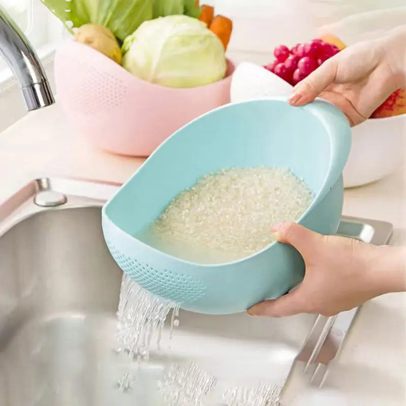 Multi-Purpose Plastic Rice Washer Strainer - Lightweight Durable Kitchen Colander for Rice Vegetables & Fruits with Precision Drainage Holes
