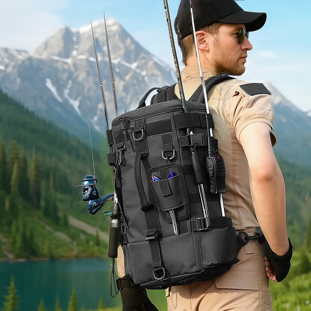 Water-Resistant PVC Oxford Fishing Tackle Backpack with Rod Holders, Large-Capacity Multifunctional Organizers, Portable for Fishing & Travel, Fishing Rod Holders, Tackle Backpack With Organizers
