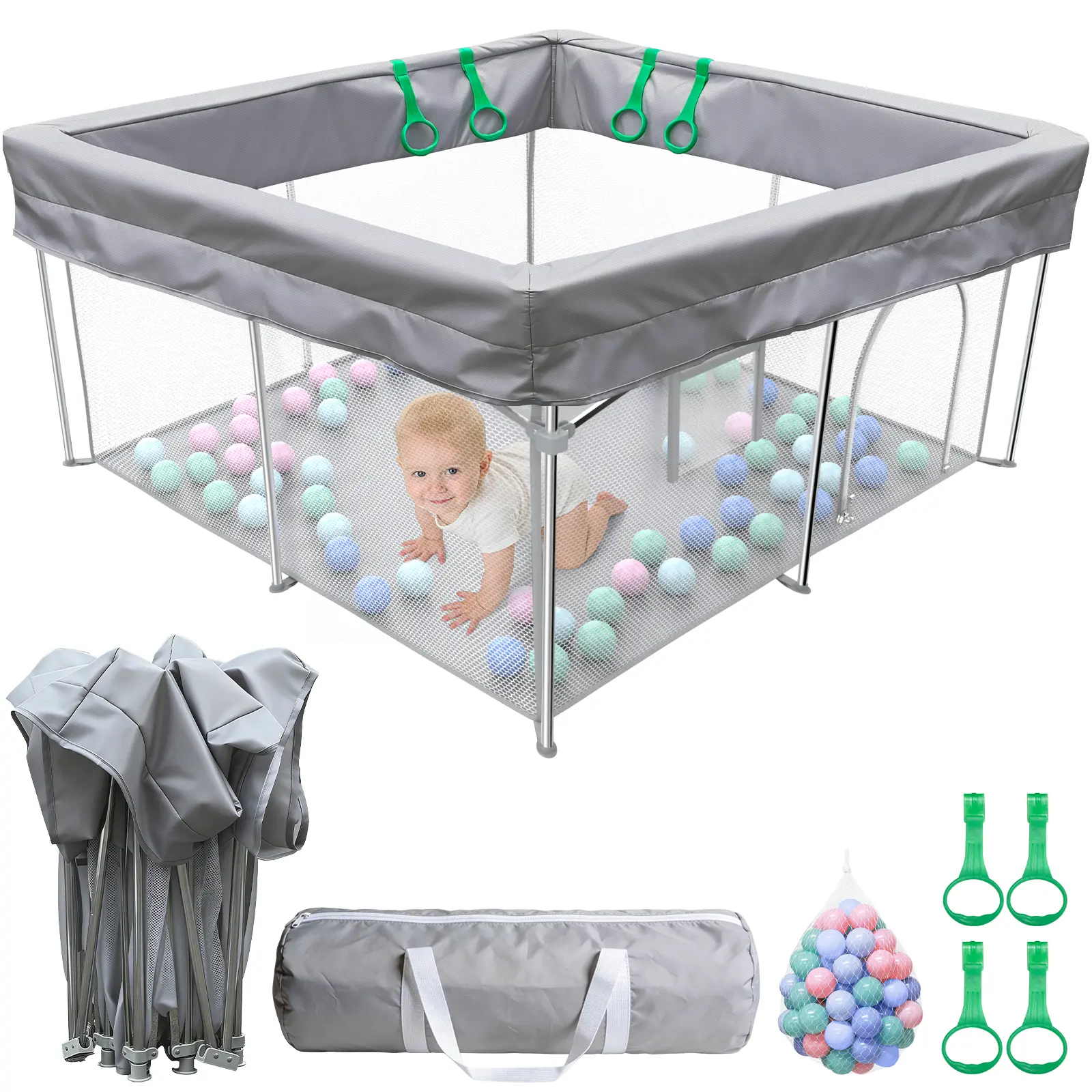 Foldable Baby Playpen, 50x50in Polyester-Oxford Safety Fence with Stainless Steel Frame, Portable Play Space for Babies & Toddlers with 50 Balls, 4 Pull Rings & Carry Bag, Indoor-Outdoor Activity Center for Parents