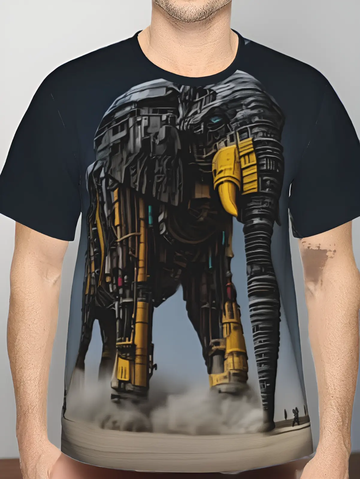 Men's 3D All Over Print Steampunk T-Shirt - Biomechanical Elephant Design with Metal Plating, Hydraulic Pistons, Geometric Details, Glowing Eyes, Black Grey Yellow Accents, Drop Shoulder Short Sleeve Polyester Casual Streetwear for Daily Leisure S-XXXXL,,