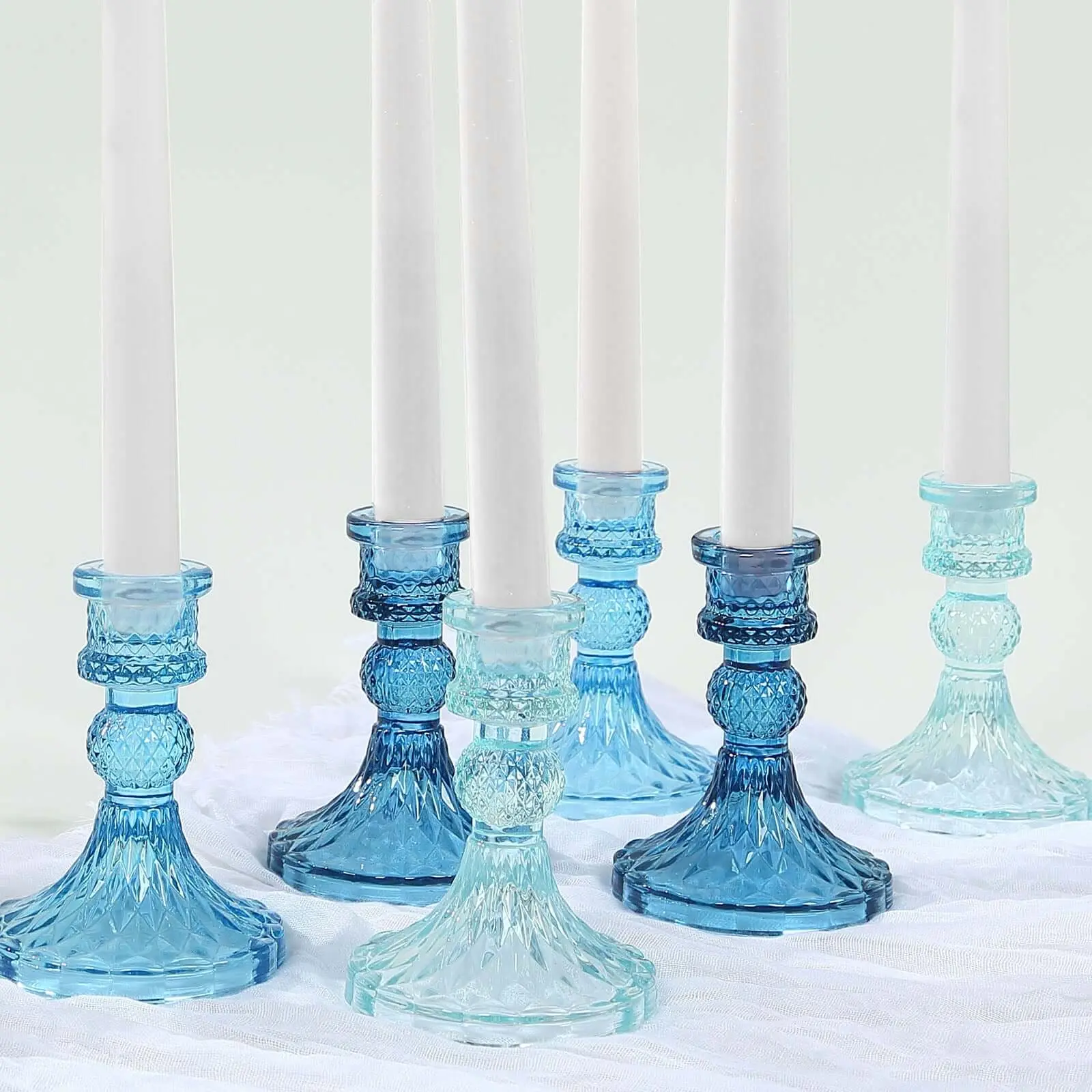 Home Goods 6-Pack 4" Crystal Glass Taper Candlestick Holders - Diamond Pattern, Assorted Blue, Reversible, Window Decoration Items for Engagement Votive Pillar Stands, 4 In