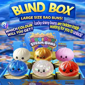 【Blind Box Surprise】Glitter Series Cute Big Bun Squishy Fidget Toy, Soft TPR Material, stress relief & calming sensory toy, unboxing surprise with random style. Great for graduation gifting, student parties and friendship exchange gifts.