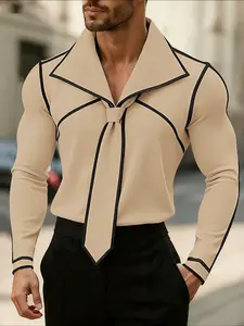 INCERUN Men Shirt Patchwork Lapel Long Sleeve Casual Men Clothing With Tie Streetwear Spring Fashion Tops Camisas