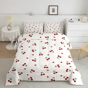 Feelyou Red Cherry Luxury Decorative Bedding Set - Designer Cherry Pattern Bed Comforter, Cute Fruit Super Soft Duvet, Kawaii Cartoon Room Decor Bed Linen, Bed Comforter Set