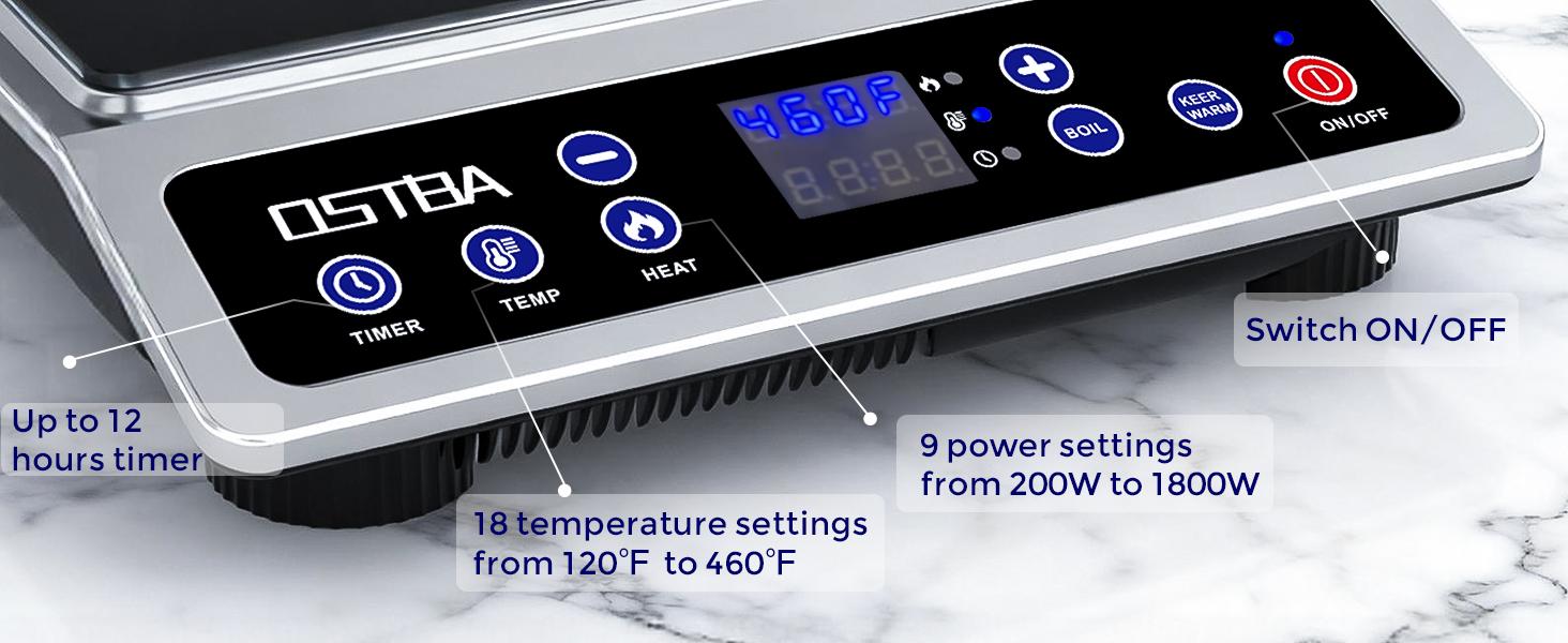 OSTBA Induction Cooktop 1800W Commercial Grade Portable Countertop Burner ETL Certified 10 Power Levels 460°F 12-Hour Timer 5"-10" Cookware Compatible OSTBA Induction Cooktop 1800W Commercial Grade Portable Countertop Burner ETL Certified 10 Power Levels 460°F 12-Hour Timer 5"-10" Cookware Compatible