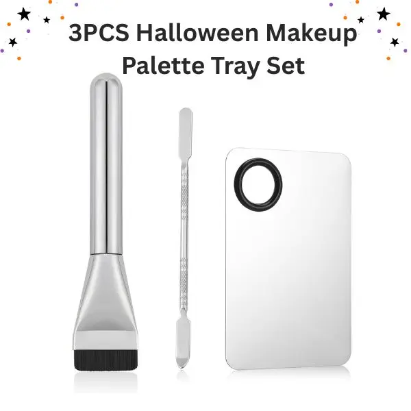 3PCS Halloween Makeup Palette Tray Set – Metal Foundation Mixing Palette, Cosmetic Spatula & Brushes Kit for Women & Girls | Professional Tools for Cream, Pigment & Face Makeup Blending
