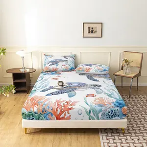 3pcs Set Blue Coral Marine Creature Fitted Sheet Breathable Polyester Brushed Fabric Elegant Watercolor Ocean Pattern Bedding Ideal for Premium Bedroom Family Decor and Household Arrangement (1 Fitted Sheet + 2 Pillowcases No Comforter No Pillow)