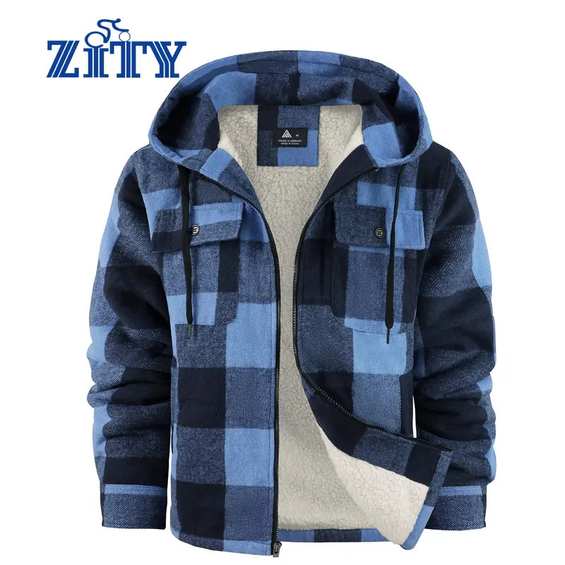 ZITY Men's 100% Polyester Thick Checkered Fleece-Lined Hooded Coat - Cozy Full-Zip Winter Hoodie, Fitted Longsleeve Fashion Casual Clothing for Chilly Days (Coral)