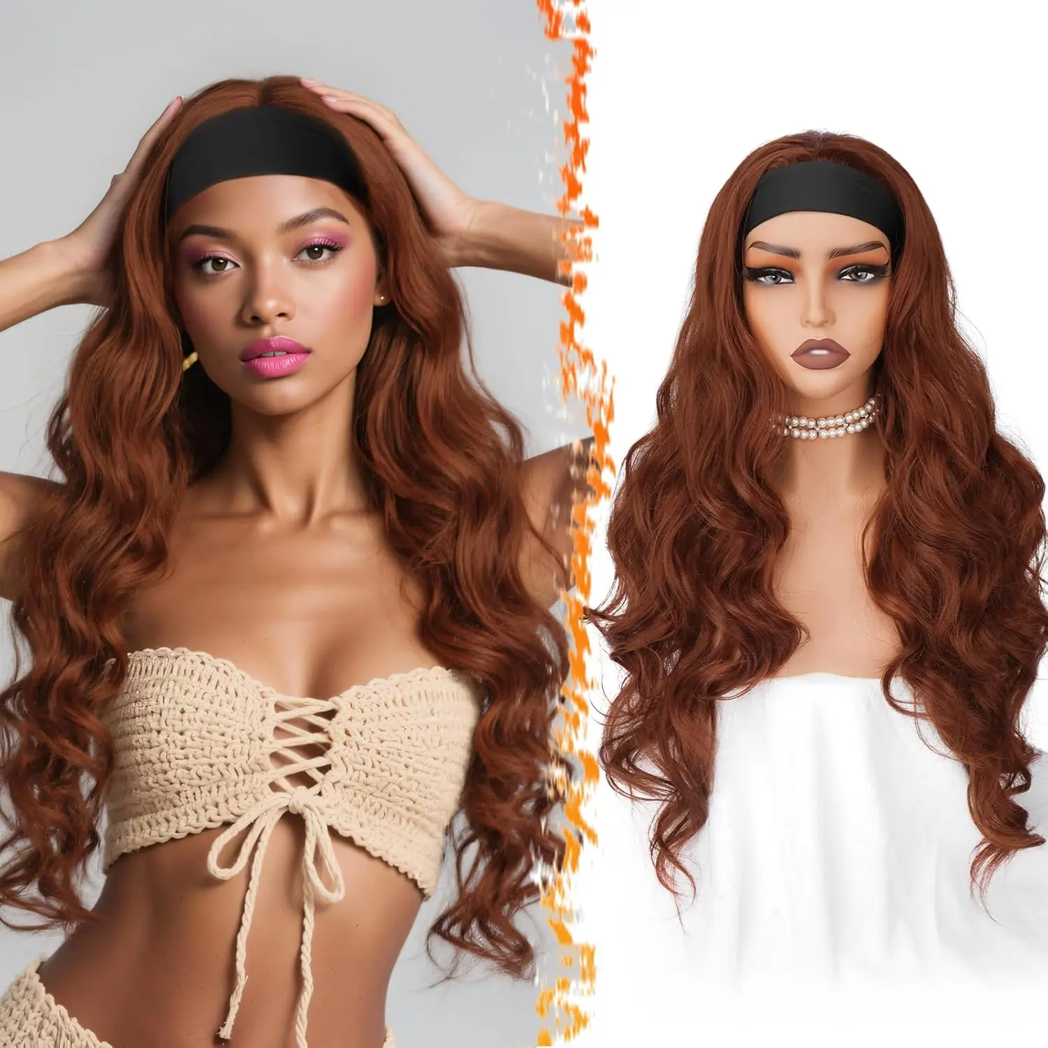BARSDAR Body Wave Headband Wig - 26 Inch Synthetic Long Loose Body Wavy Headband Wig for Women - Wear and Go Glueless Soft Lightweight Natural Looking Easy Wear Auburn Wigs
