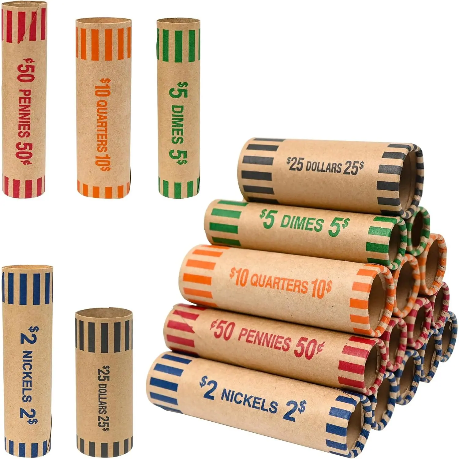 Preformed Coin Roll Wrappers (60 Assorted) -12 Quarters, 12 Pennies, 12 Nickels 12 Dimes and 12 Dollars (60 pcs)