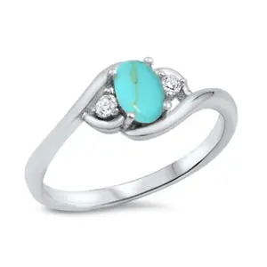 Oval Simulated Turquoise and CZ Crystal Ring - 925 Sterling Silver