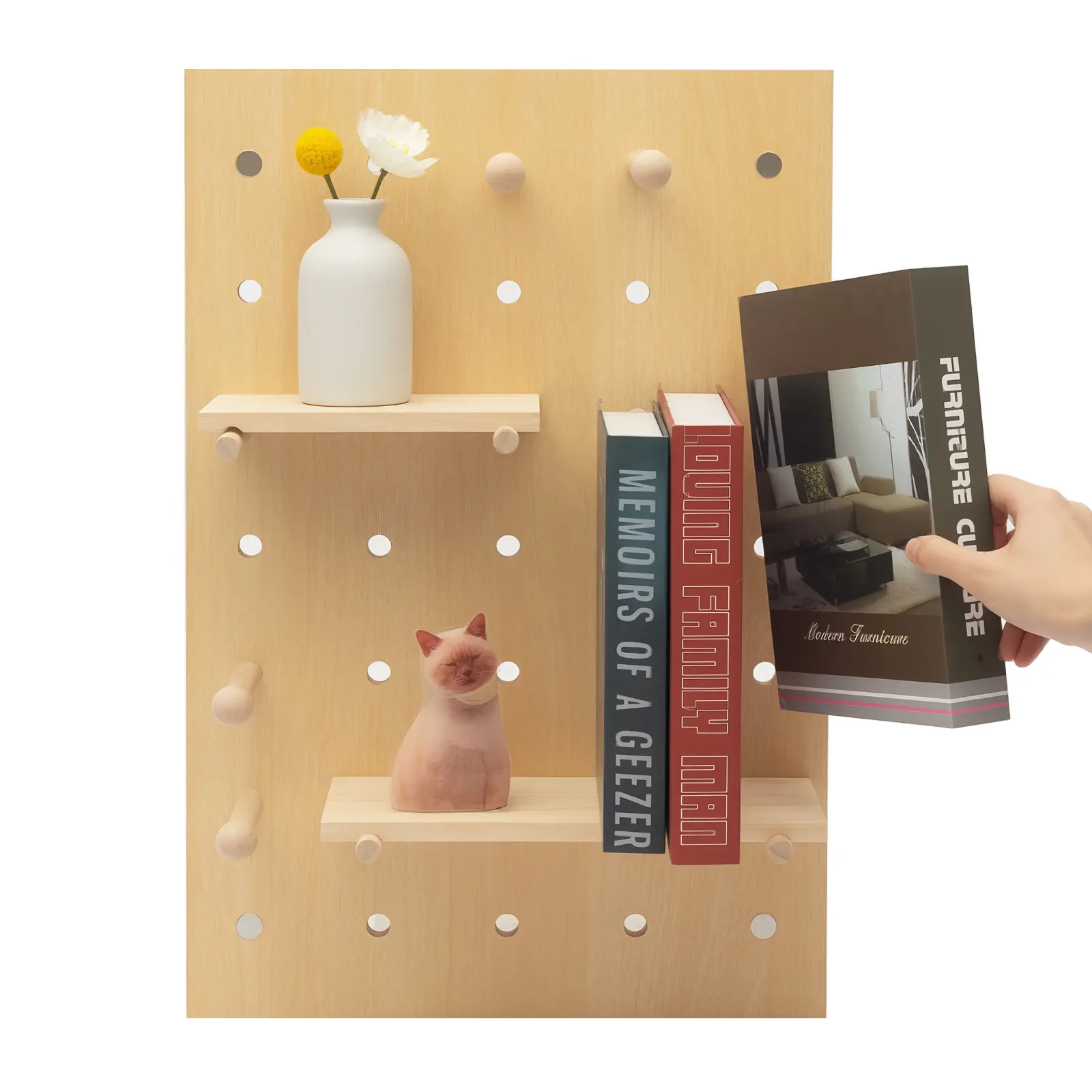 Natural Wood Rectangular Pegboard Combination Wall Organizer Kit - 60x40cm Main Board, 22 lbs Load Capacity, Modular Display Panel with Shelves, Layer Boards & Hooks, DIY Hanging Storage for Home Office Supplies, Tools