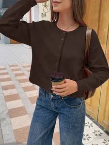 Women's Solid Color Button Front Round Neck Long Sleeve Casual Knit Cardigan Sweater, Comfortable and Stylish Pullover for Daily Wear, Knitwear