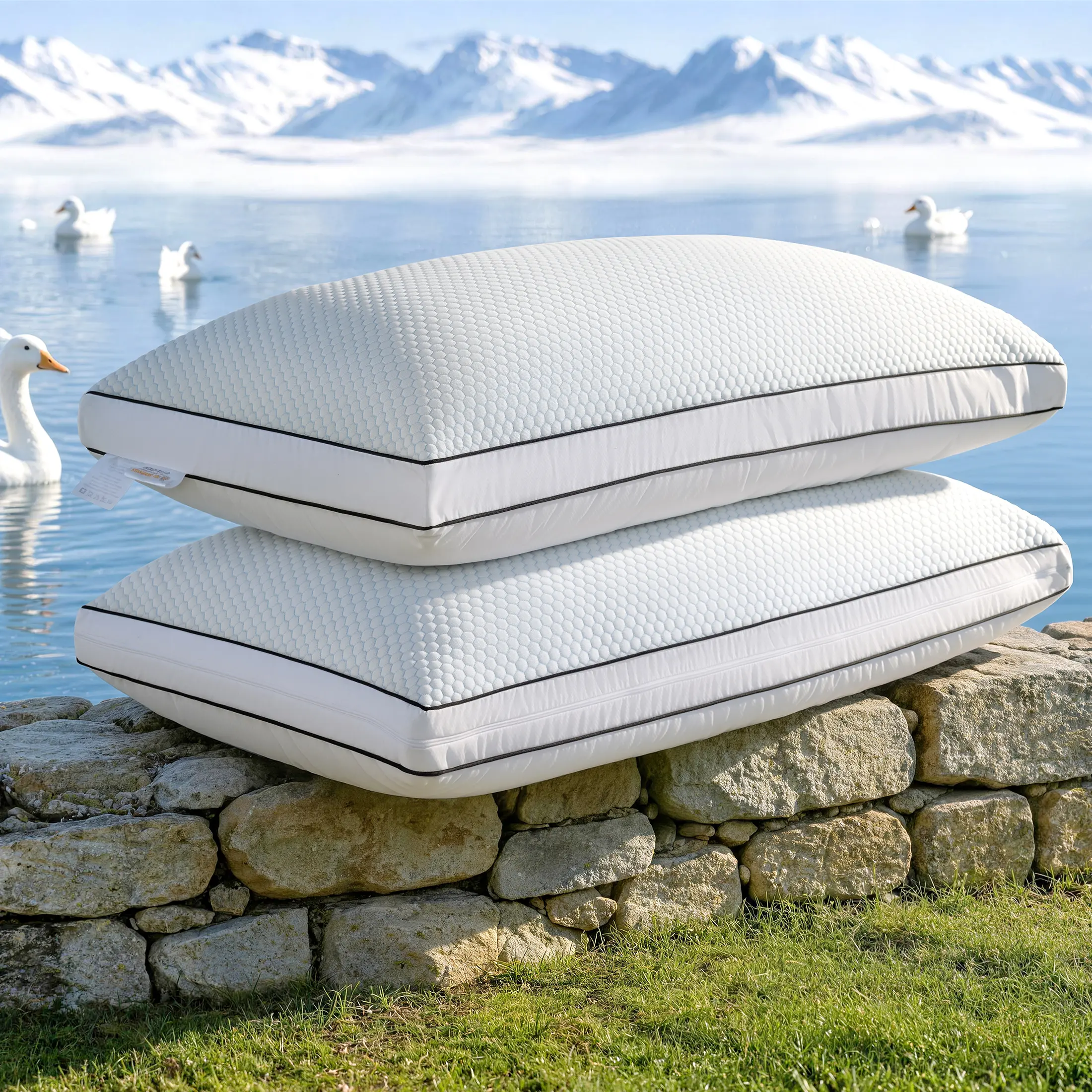 White Goose Down Pillow - Cooling Hotel Luxury Pillow with Dual Goose Down & Memory Foam Fill, Adjustable Loft, Anti-Allergic, Anti-Dust Mite, Breathable, Ergonomic Neck Pain Relief for Side/Back Sleepers, Pillows For Sleeping, Flat Weave