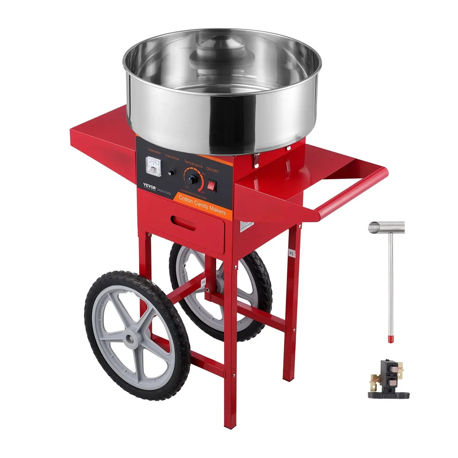 VEVOR 1000W Commercial Electric Cotton Candy Machine with Cart, Stainless Steel Bowl, Sugar Scoops, Drawer, Large Wheel & Temp Control, Ideal for Home, Kids' Birthday Festivals (Red)