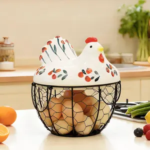 Durable Iron Chicken Egg Basket - Rustic Farmhouse Style Kitchen Storage Organizer with Lid,Not just for eggs!  Use it for fruits, keys, or small decor. Durable iron chicken basket - perfect farmhouse style storage!