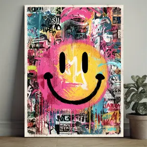 1 Piece Large Happy Face Poster - Modern Pop Art Canvas Print with Frame - Vintage 80s Neon Graffiti Street Art, Pink, Yellow, Blue, Black, Green - Ready-to-Hang Wall Decor for Bedroom, Living Room, Office - Mid-Century Modern Style - Perfect Gift for Gir
