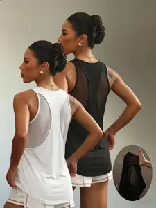 2-Pack Women's Solid Mesh Racerback Tank Top, Lightweight Breathable Quick Dry Curved Hem Sleeveless Top for Gym Yoga Running Training
