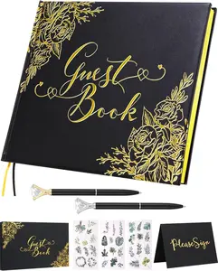 Black Wedding Guest Book with Pens – 9x7" Gold Foil Hardcover Sign-in Album