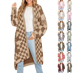 FMEYOA Womens Checkered Long Cardigans Chunky Oversized Open Front Batwing Sleeve Color Block Knit Sweater Coats
