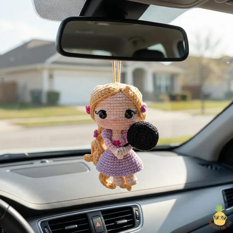 Handmade Long Hair Princess Crochet Car Hanging Charm, Cute Fairy Tale Inspired Rearview Mirror Ornament, Kawaii Car Decor Gift