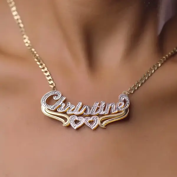 [Tres Colori] Double Plated Heart Name Necklace Personalized Custom Name Pendant Necklace with Cuban Chain Minimalist Heart Name Jewelry for Women & Men Fashion Jewelry Daily Wear Gift