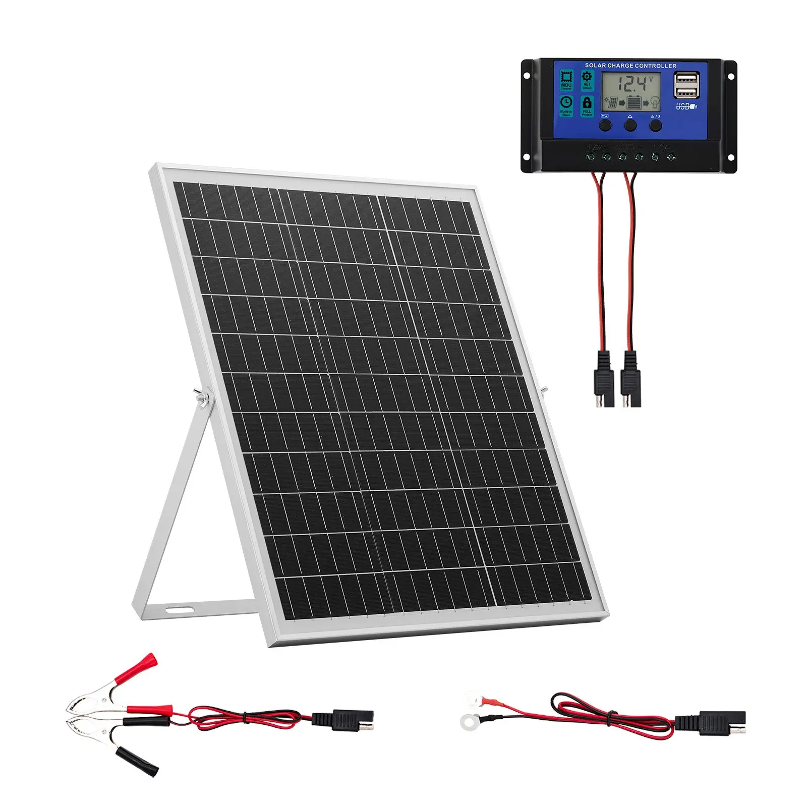 VEVOR 25W 12V High-Efficiency Solar Powered Panel Battery Charger with Intelligent MPPT Controller, Adjustable Mount Bracket, Alligator Clips, 122-in Extension Cable, IP67 Waterproof Cells for Car, Outdoor Use