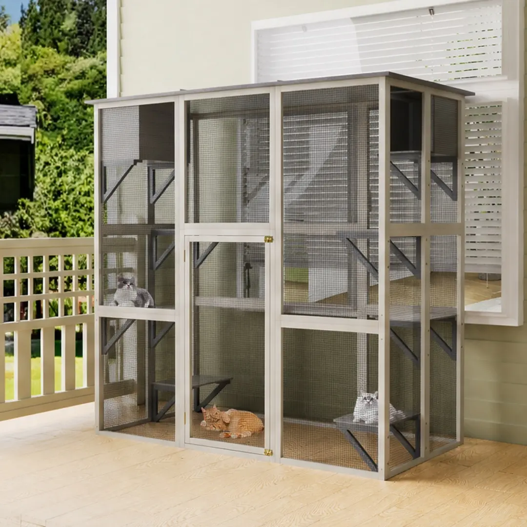 ARCH Large Outdoor Catio Cat Enclosure with Weatherproof Asphalt Roof, Gray Wooden Walk-in Cat House with 6 Platforms & 2 Napping Boxes, Solid Wood Cat Cage Kennel Condo Playpen for Patio Backyard, Gray Color Options, Wood Material