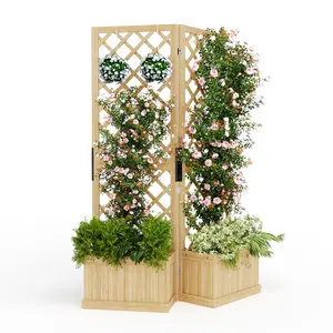 Hinged Cedar Wood Privacy Screen with Planter Box – Freestanding Self-Draining Outdoor Garden Fence Panel, Foldable Raised Bed Planter – Versatile Privacy Wall for Patio Deck, Backyard & Balcony