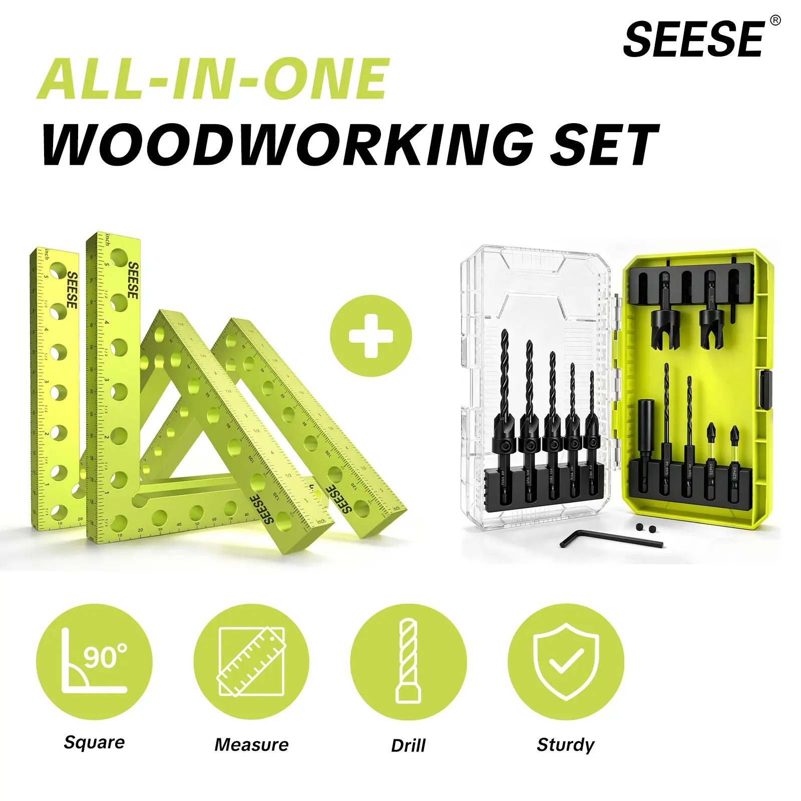 SEESE All-in-One Woodworking Set, 90 Degree Right Angle Corner Clamps 4-Pack with Storage Box & 15 pcs Countersink Drill Bit Set, 1/4 Inch Hex Shank Wood Drill Bits with Depth Stop, Extension Shaft & Quick-Change Chamfering Tool, Halloween gifts