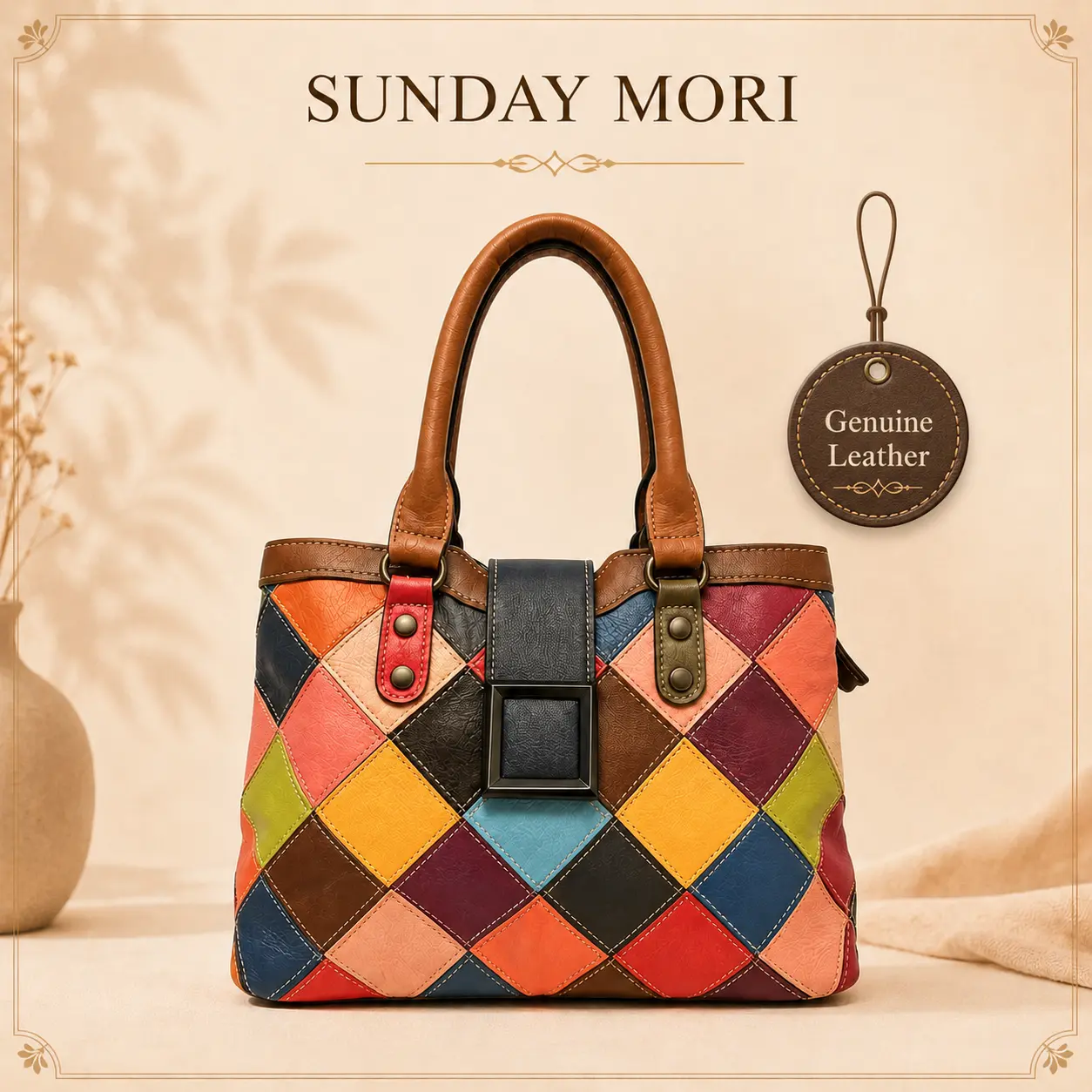 SUNDAY MORI Women's Vintage Geometric Genuine Leather Patchwork Tote Bag - High-Capacity Graphic Colorblock Structured Shoulder Women's Tote Bag, Top/Shoulder Carry, Colorful Handles, Fits 11-in iPad, Casual Outings, 2 Carry Options