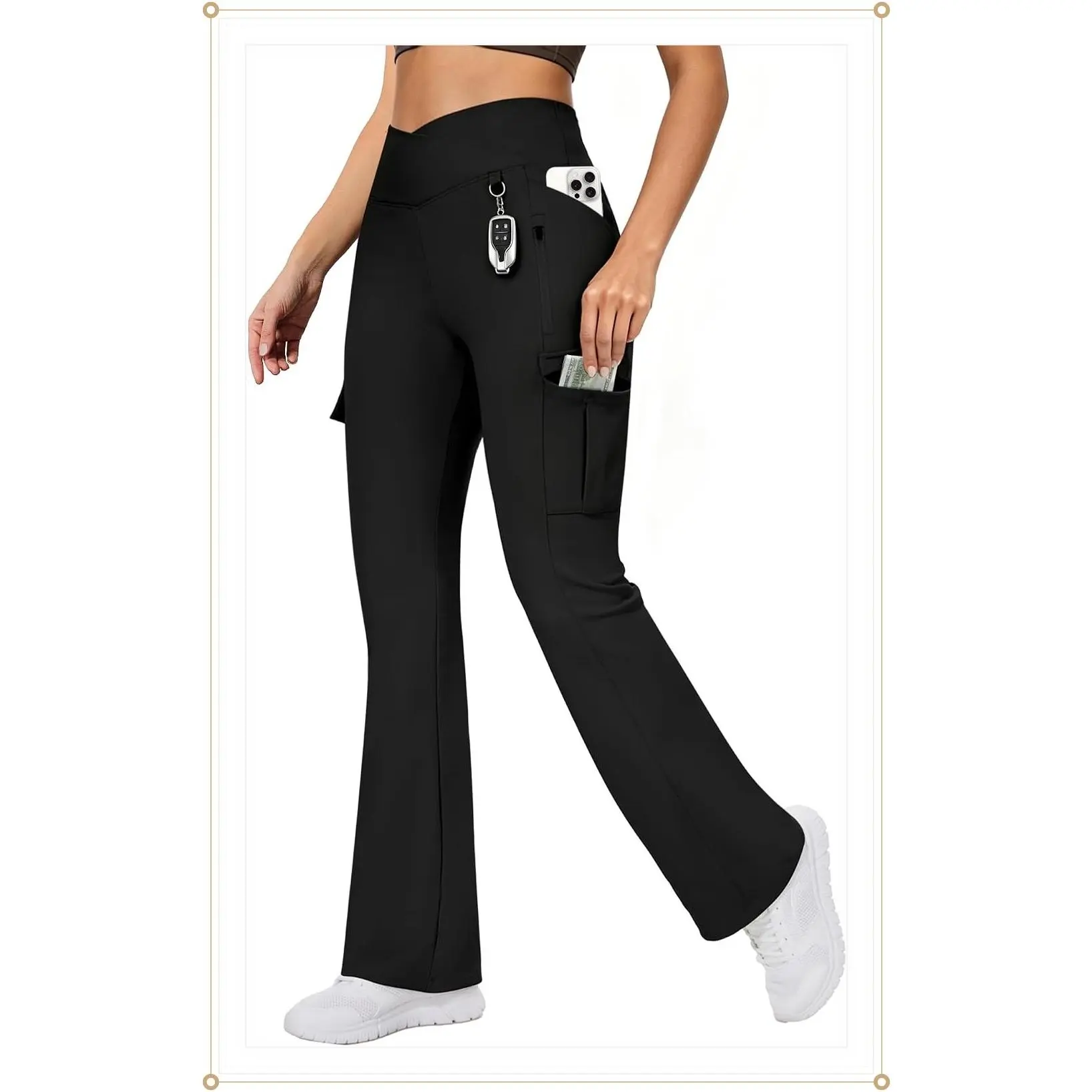 Casei Women's Yoga Flare Leggings 5 Pockets Crossover High Waisted Stretch Cargo Pants Workout Travel ScrubGift