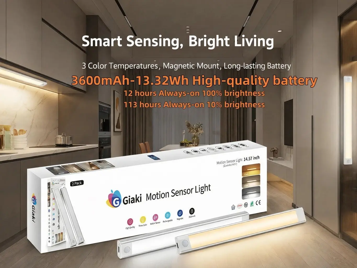GIAKI 2-Pack LED Under Cabinet Sensor Lights - Motion Sensor, 3600mAh, USB-C Charging, 12h-113h Runtime, Push Button, Eco-Friendly, Power Cord Included, Home Supplies for Kitchens, Wardrobes, Led Light, Stairs