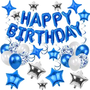 56 PCS Happy Birthday Balloons Happy Birthday Banner Silver and Black Balloons for Boys Men Girls Women 16th 18th 20th 21st 25th 30th 40th 50th 60th Birthday Party Decorations (Blue)