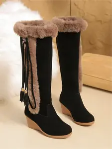 Women's autumn and winter fashion boots, wedge heel, thick sole, high platform, rabbit fur tassel decoration, outdoor women's boots, light and comfortable, soft sole, non-slip and wear-resistant fashion boots, Winter Warm Boots