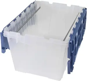 KeepBox 12 Gallon Storage Container, Nesting and Stackable Plastic Box with Attached Lid and Rails for Hanging Files, 21"x15"x12", Clear/Blue